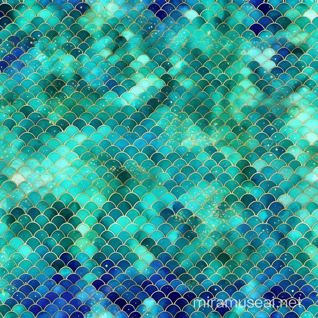 Vibrant Teal and Blue Watercolor Mermaid Scales with Glitter Accents