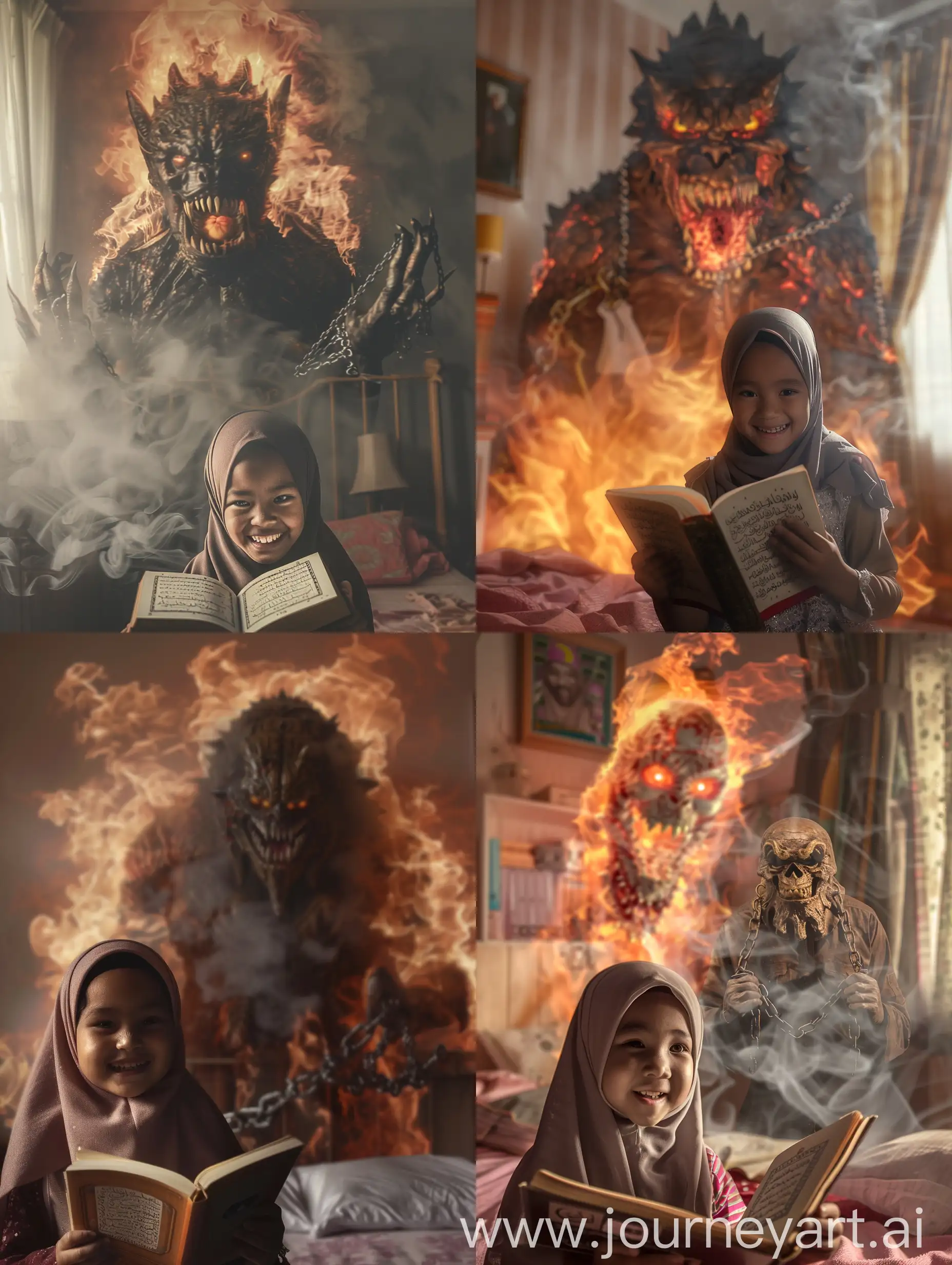 A 10 year old Indonesian girl wearing a hijab is reading the Koran in her bedroom while smiling. Behind him was a tall, huge, fiery, smoking monster, with his hands shackled in chains, staring intently at the child. original photo, realistic, high detail, wide shot