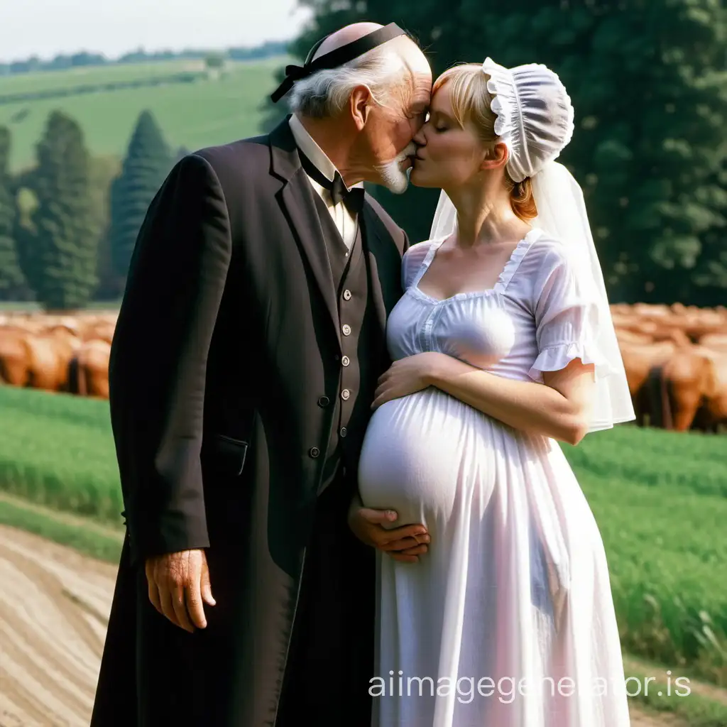 Samantha Carter from SG1  wearing a floor-length loose billowing amish black maternity maxi with an apron and a frilly white bonnet dress kissing an old man who seems to be her newlywed husband