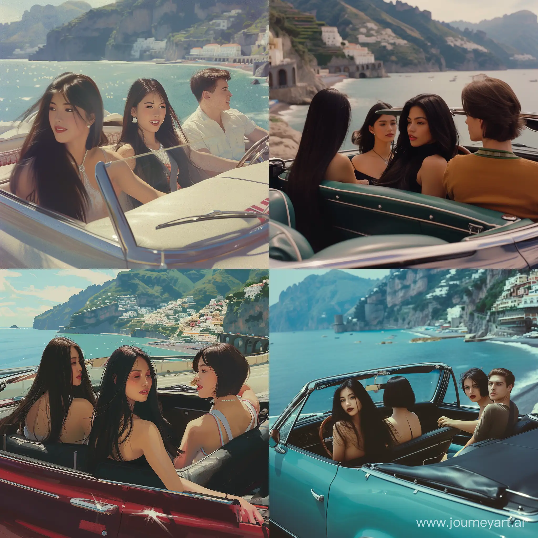 Three girlfriends and one guy are driving in a convertible along the Amalfi coast. One girl of Caucasian appearance with long black hair. The second girl is of Asian appearance and wears a black bob. The third girl is of European appearance with brown hair.