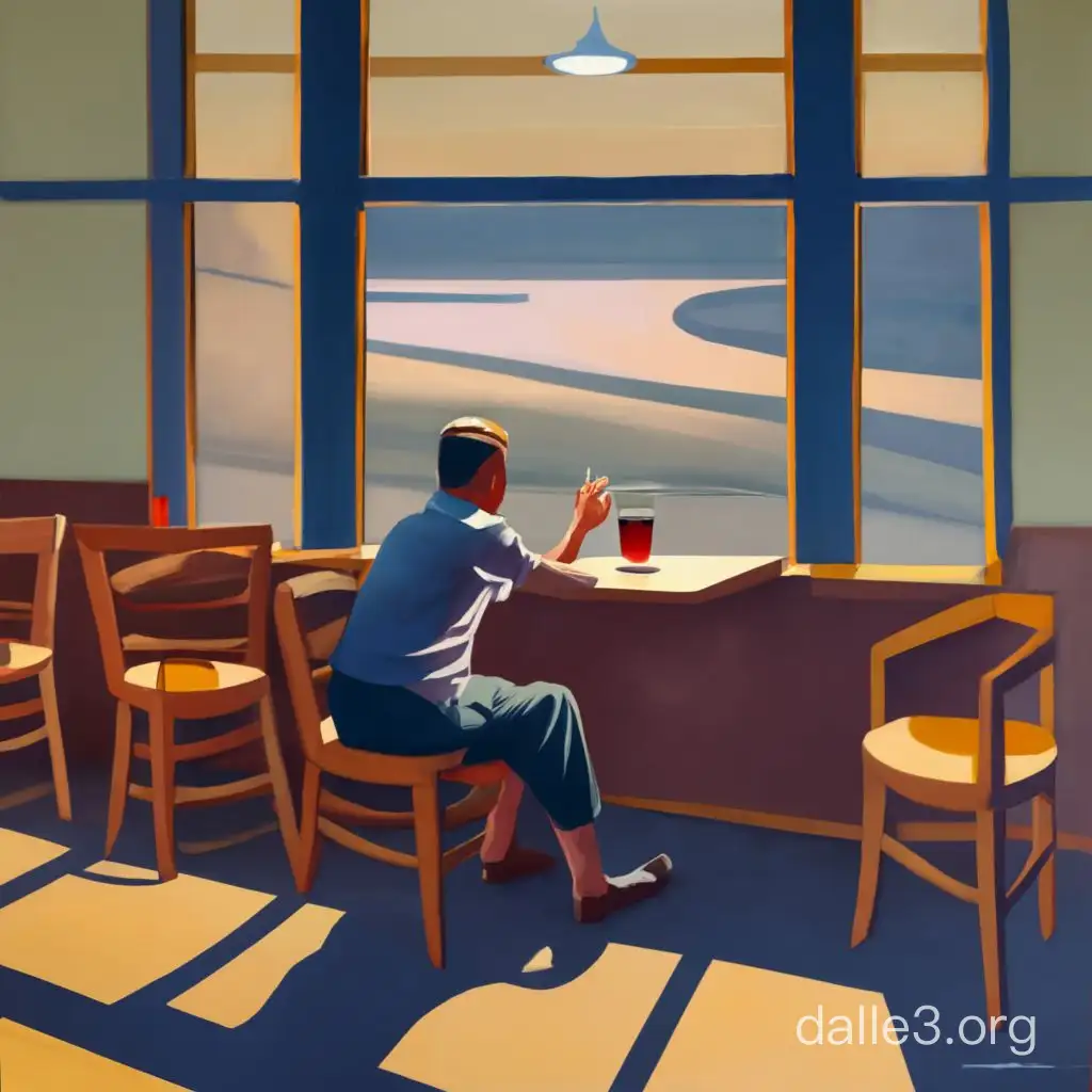 Create a digital painting inspired by Edward Hopper's style, portraying the interior of a quiet tavern devoid of any people. no people,Emulate Hopper's mastery of light and shadow to convey a sense of solitude and nostalgia within this cozy yet uninhabited space. Pay special attention to the composition, ensuring that it effectively communicates the stillness and potential narratives within the scene, such as empty chairs, lit lamps, and the presence of the bartender's absence. This painting should capture the essence of Hopper's ability to evoke a sense of introspection and the passage of time through his use of light and setting