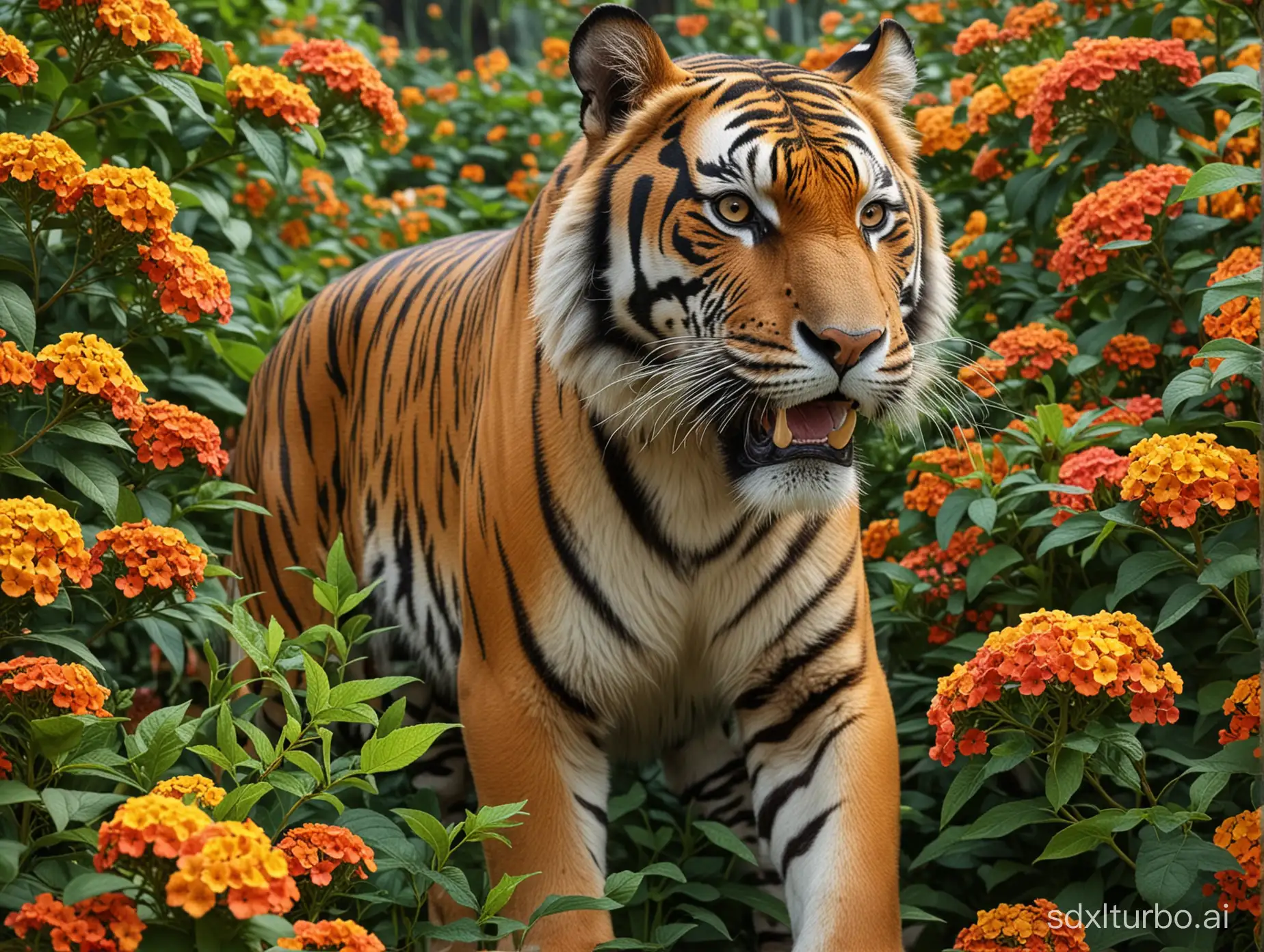 Huge Bengal Tiger vivid lantana bushes, extremely detailed, slight snarl,