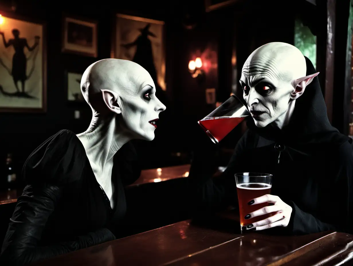 Nosferatu and Female Companion Enjoying Drinks at a Cozy Pub