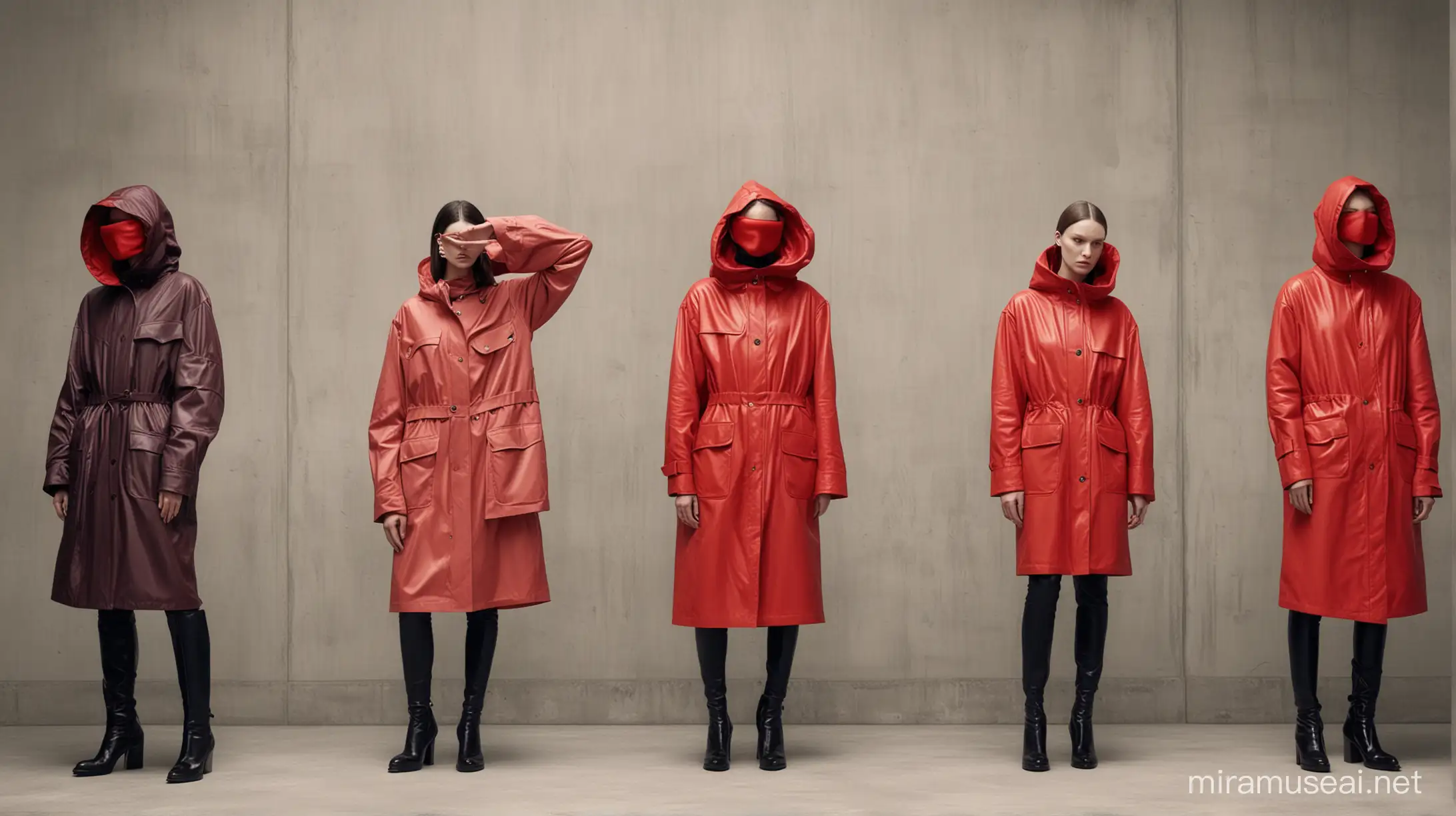 show me an advertising campaign for Balenciaga. The models are wearing oversize Balenciaga clothes. The models are hiding their eyes and ears with their hands. One of the models is wearing a straight-jacket. The image has to be minimalistic. The wall behind the models is red. 