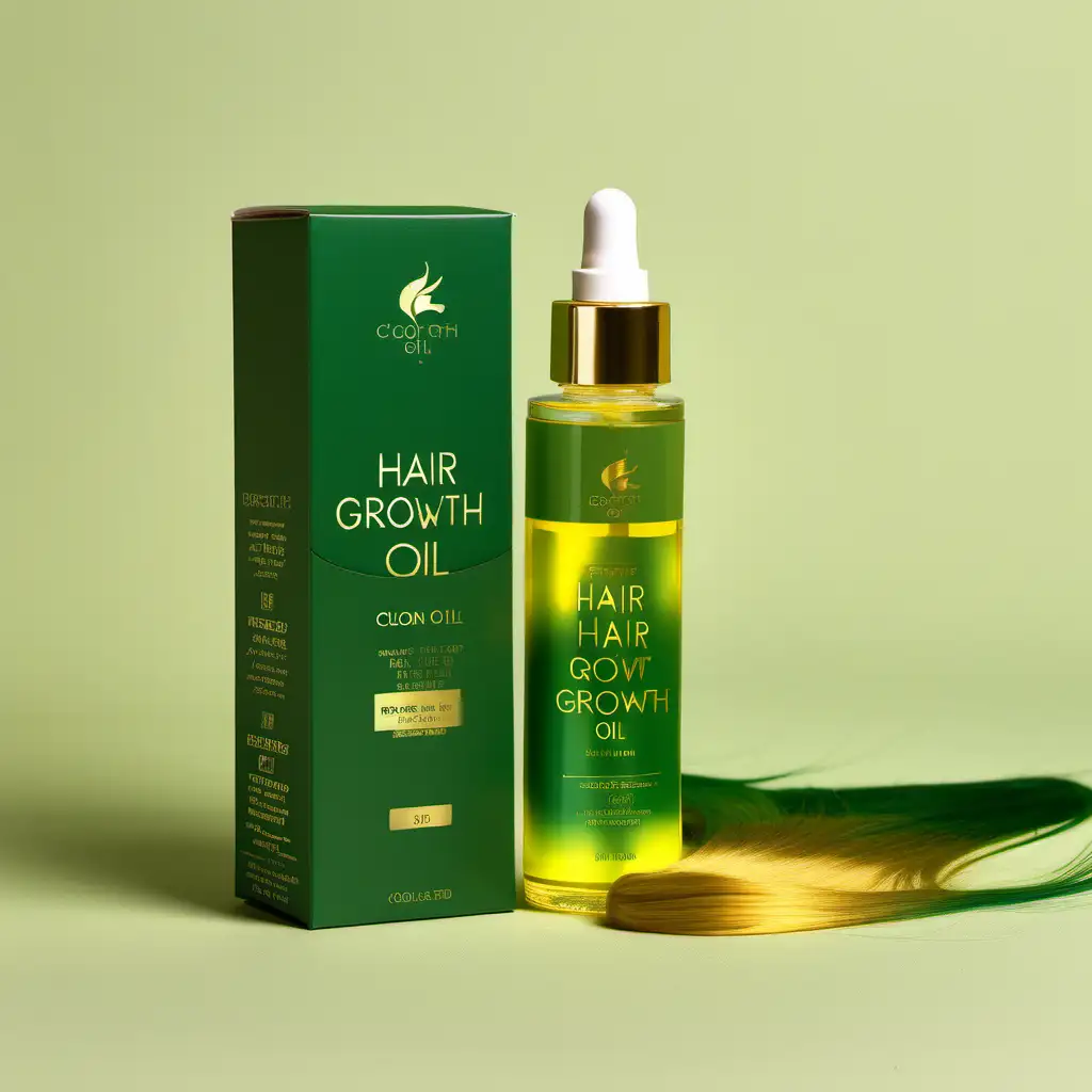 packaging of hair growth oil. show long hair on pack. color palette green & gold.