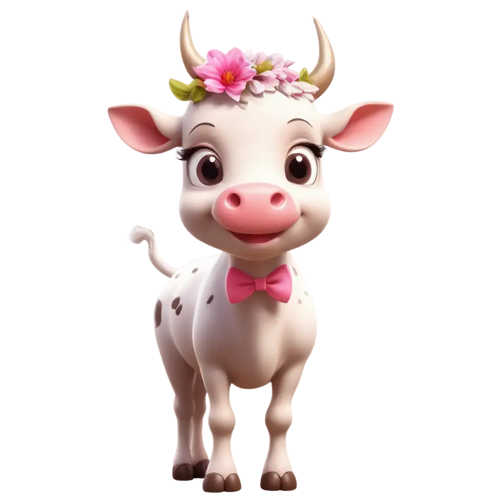 Hyper-Realistic-PNG-Illustration-Adorable-Cow-with-Big-Beautiful-Eyes-and-Pink-Bow-Surrounded-by-Bright-Flowers-and-Playful-Butterflies