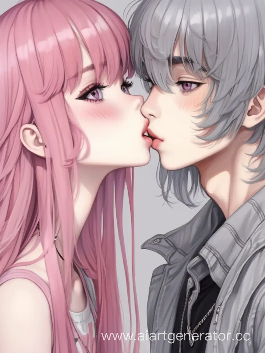 Sweet-Kiss-Pinkhaired-Girl-Embracing-Grayhaired-Boy