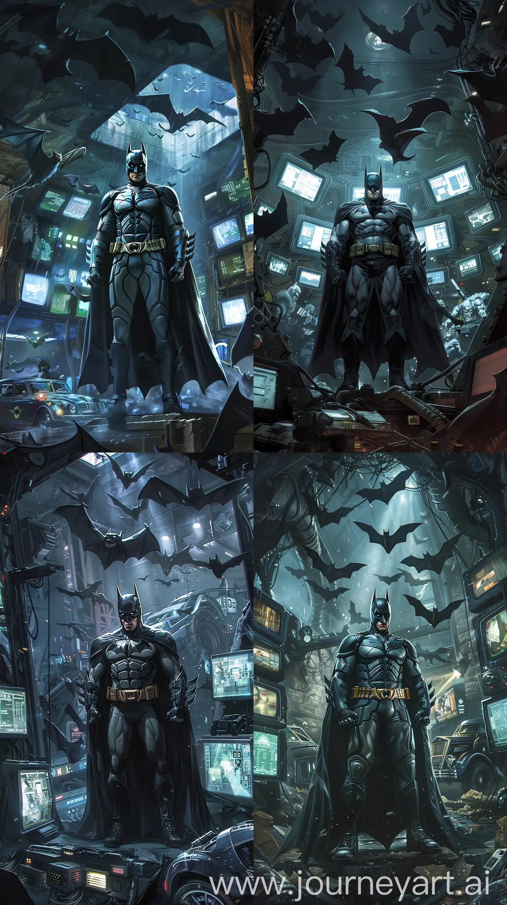 Design a phone wallpaper featuring Batman in the Batcave, in the style of Alexander Miller's artistic vision. Capture the Dark Knight amidst the high-tech chaos of his lair, surrounded by glowing screens, bats fluttering overhead, and the iconic Batmobile lurking in the shadows. The mood should be somber and intense, with a spotlight highlighting Batman as he strategizes his next move against Gotham's criminal underworld , --ar 9:16