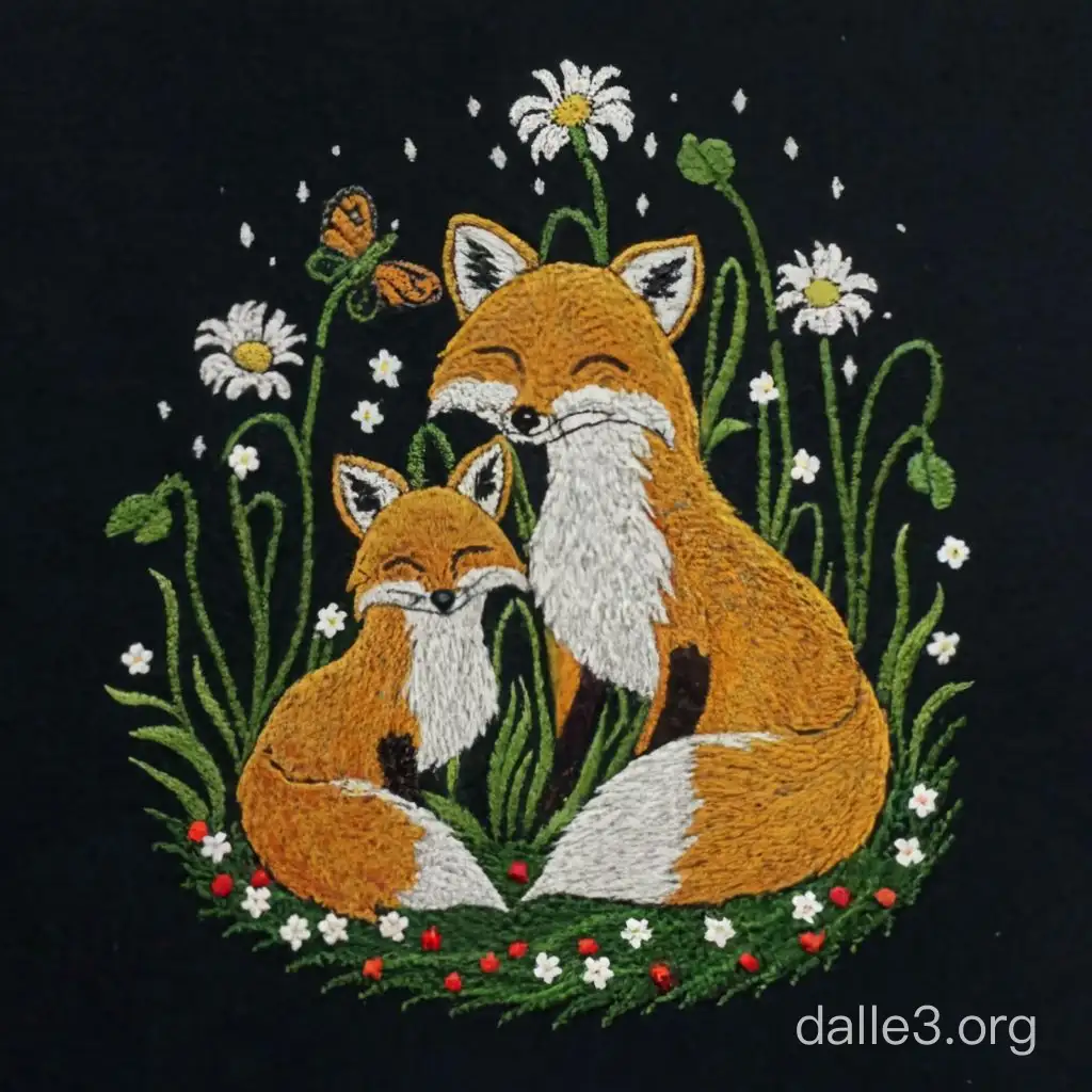Вышивка семья лисичек на ромашковом поле 