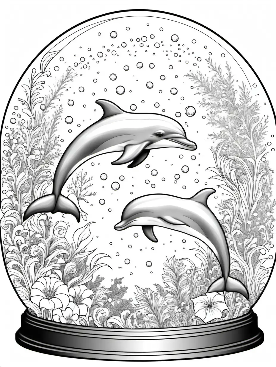 Dolphin Coloring Book with Snow Globe Frame on Floral Background