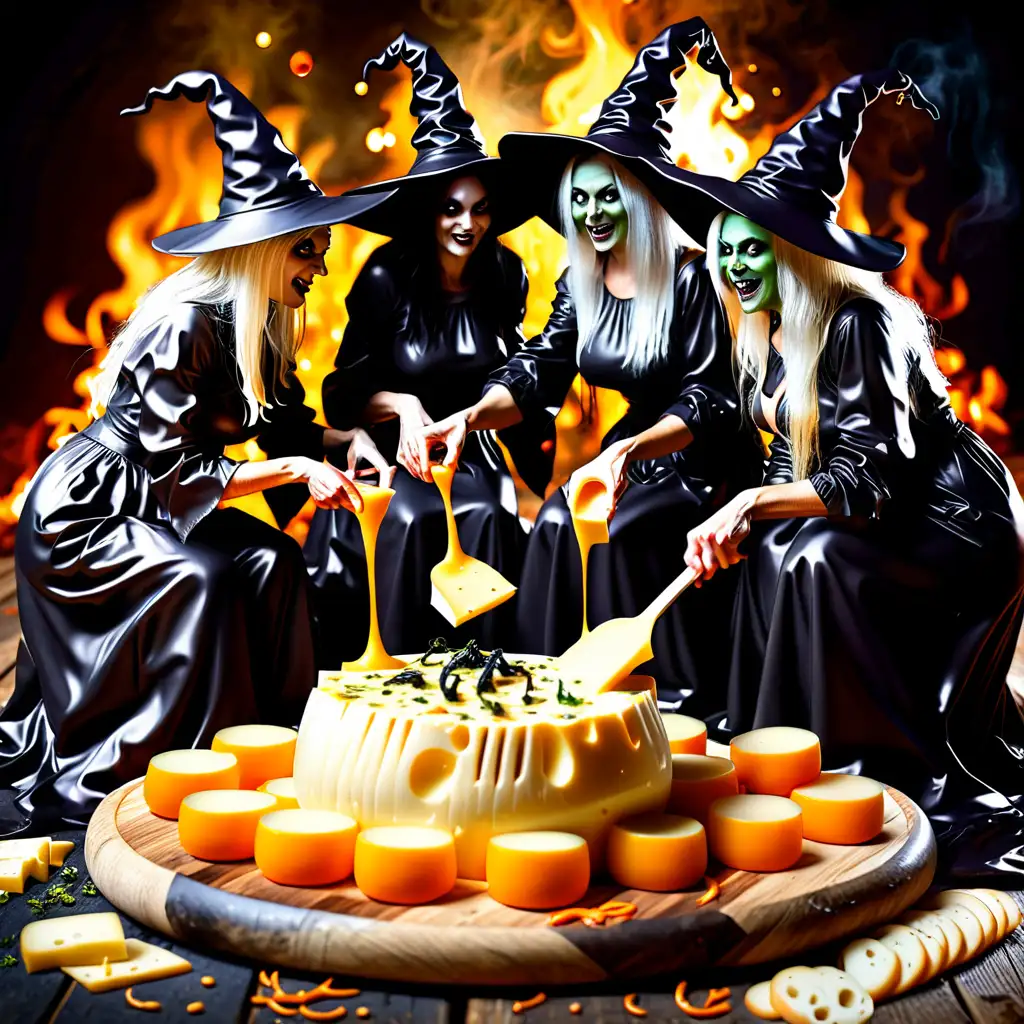 Witches Dipping in Cheese Cauldron Spellcasting Halloween Art