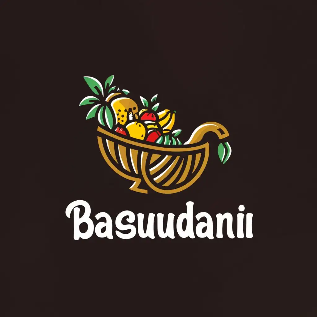 a logo design,with the text "Basudani", main symbol:A stylized, modern interpretation of a cornucopia, with Banana and Coconut spilling out, could represent the bountiful harvest. Incorporating a tree with broad, spreading branches and deep roots could symbolize life, growth, and connection to the earth. Create a design using a continuous line that forms a simple yet meaningful representation of Basudani, such as a single stalk of grain bending into a circle or a minimalist landscape with the sun setting over a field. Use geometric shapes to abstractly represent elements of Basudani. For example, a hexagon for harmony and balance, filled with patterns or icons representing different aspects of the harvest and celebration. Consider earthy tones mixed with vibrant colors. The font chosen should reflect the warmth and organic nature of the festival. Consider a font that has a hand-crafted feel or incorporates elements of the harvest imagery within the letters (e.g., a letter "B" that subtly incorporates leaves or grains).,Moderate,be used in Events industry,clear background