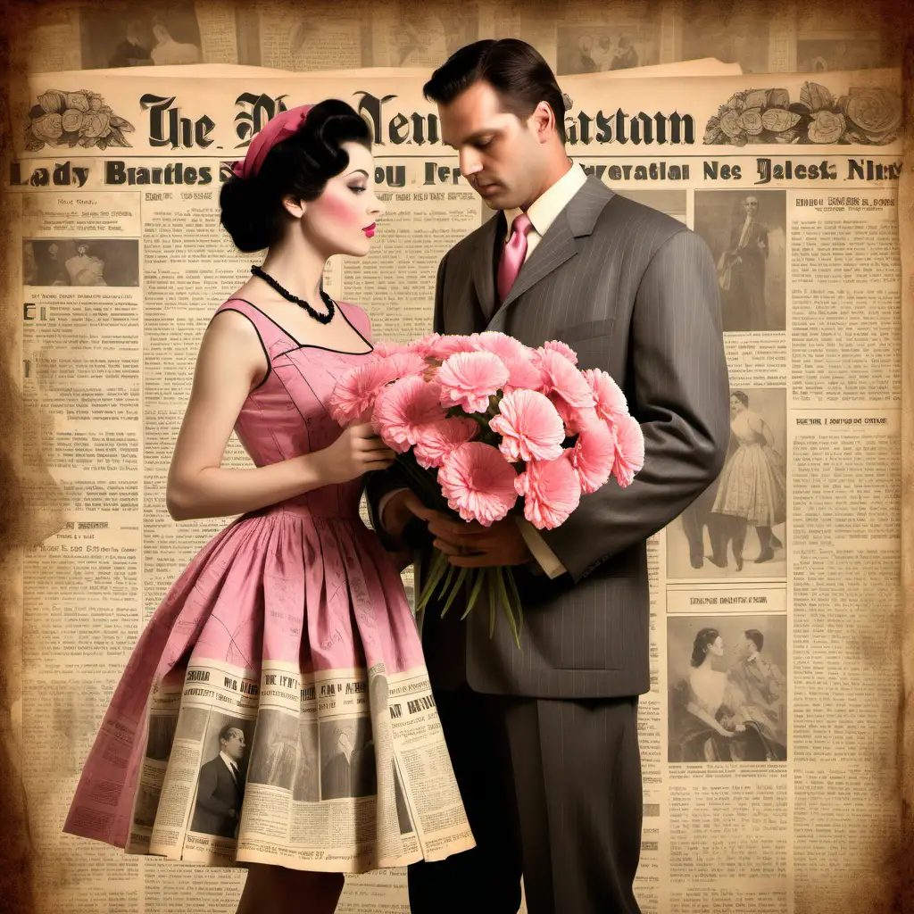 beautiful lady wearing a vintage dress in an old news paper background. with a man giving her pink flowers