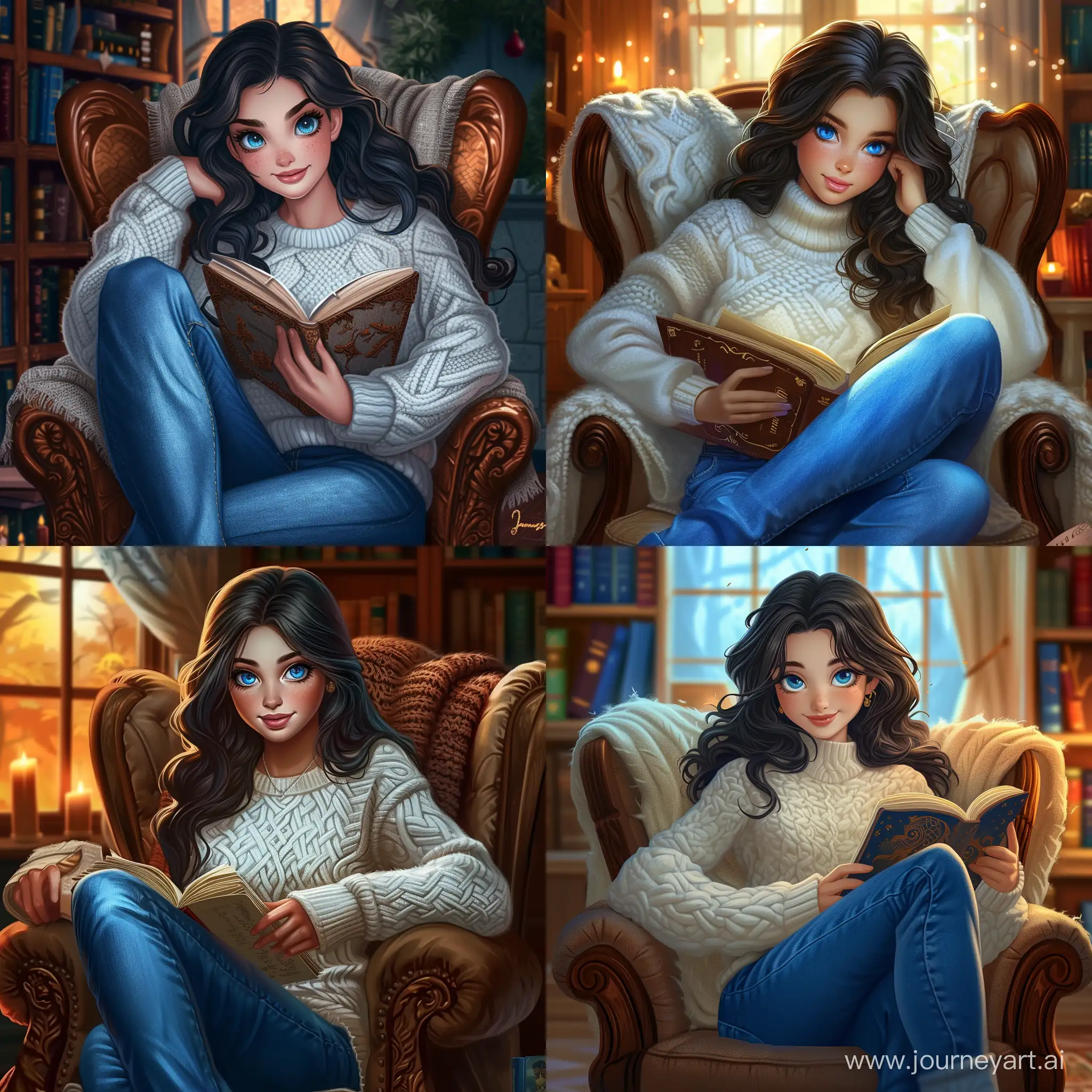 Beautiful girl, dark hair, blue eyes, snow-white skin, teenager, 15 years old, cozy atmosphere, sitting in an armchair with a book, in sweater and jeans, high quality, high detail, cartoon art