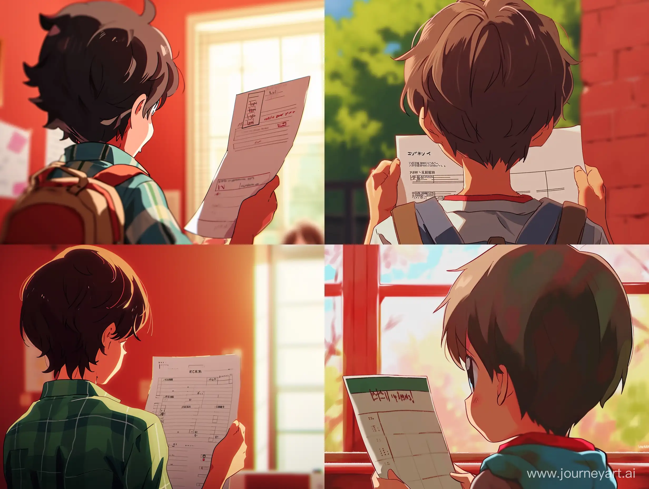 an anime scene, close shot of a boy hold a test paper, there is low score on the test paper, focus on the test paper, best quality, slightly reddish background, slightly  chibi style, from behind --ar 4:3 --v 6
