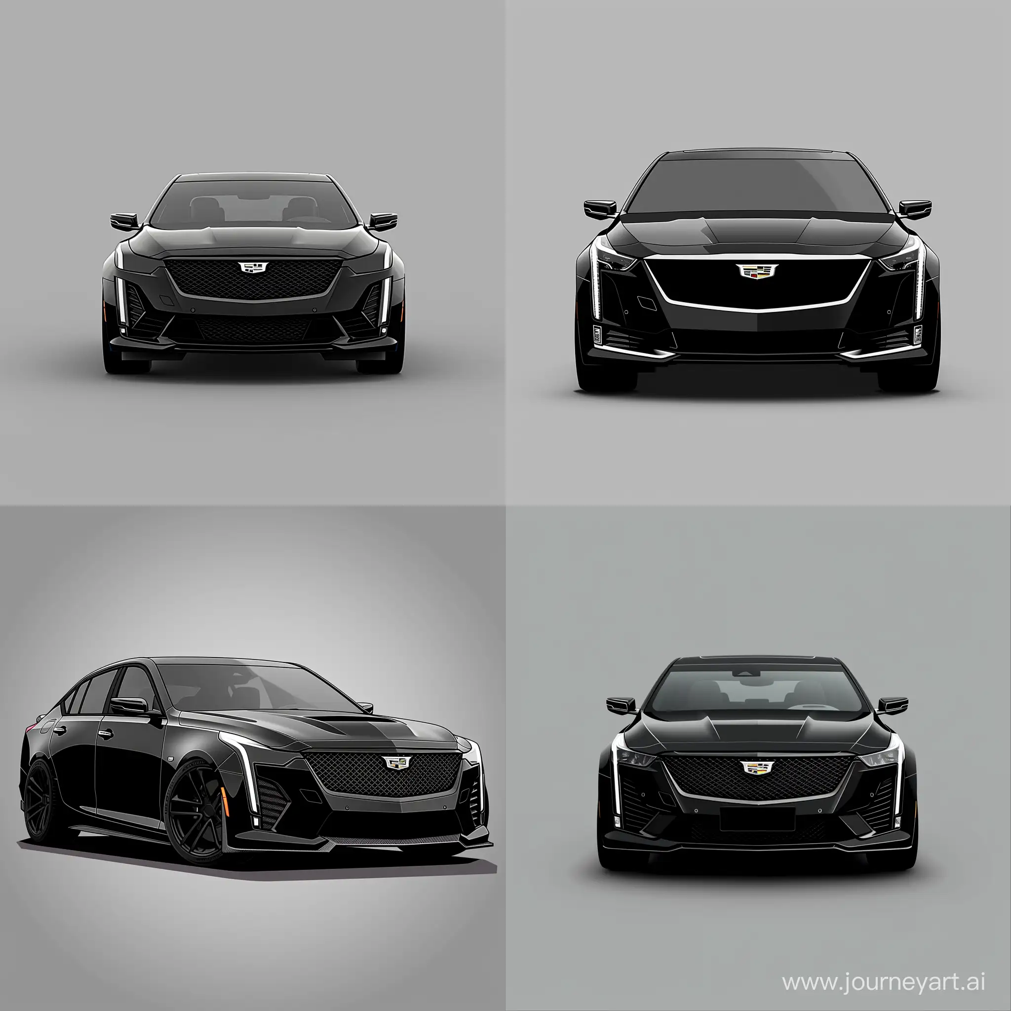 Minimalism 2D Illustration Car of Front View: Black Cadillac CT5, Simple Gray Background, Adobe Illustrator Software, Cinematic Pose, High Precision