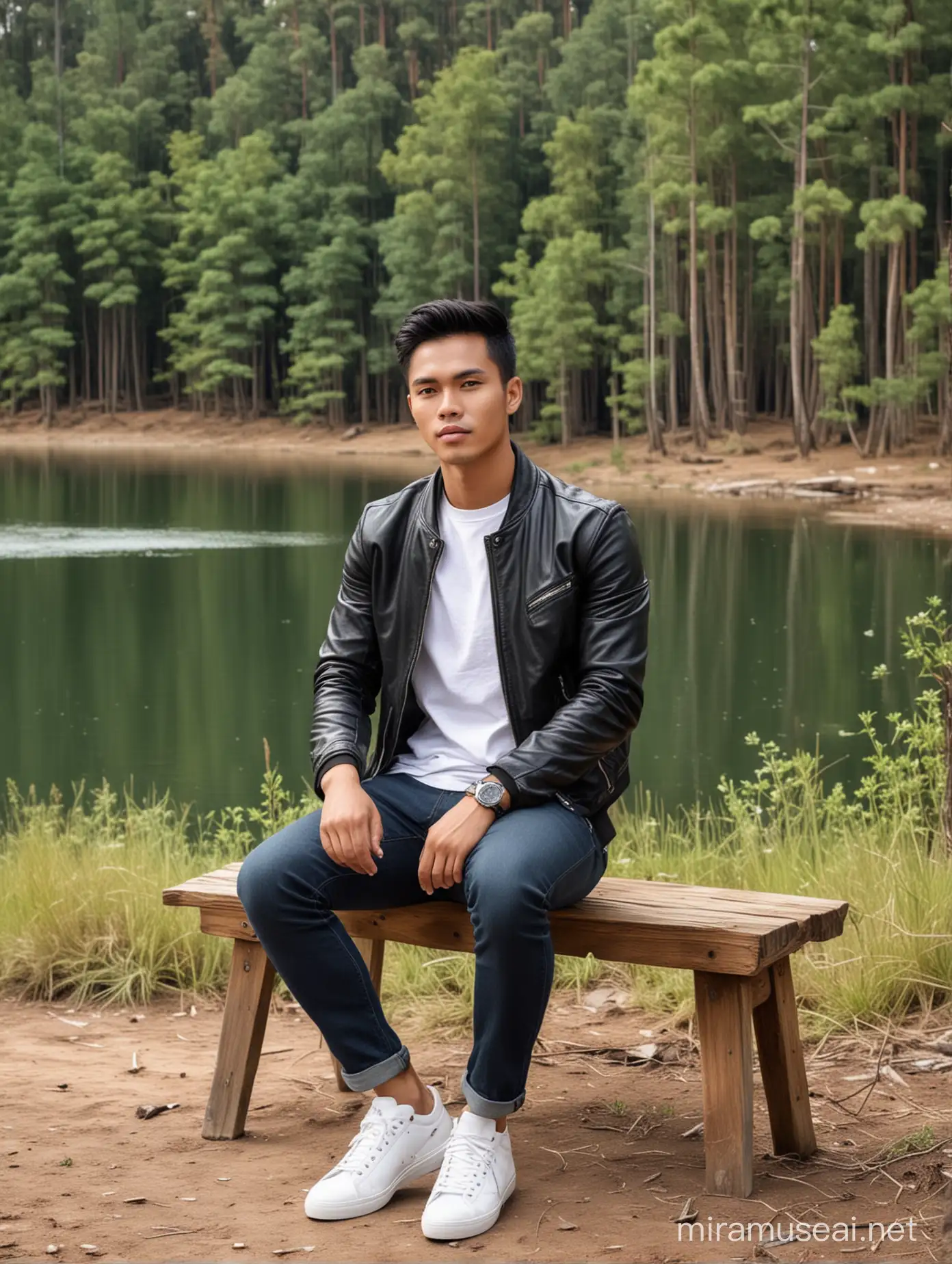 Handsome man from Indonesia, short hair parted neatly to the side, round face, height 175, weight 70, full body, wearing a white t-shirt, black leather jacket, white shoes, sitting on a wooden chair, with a pine forest  and lake in the background