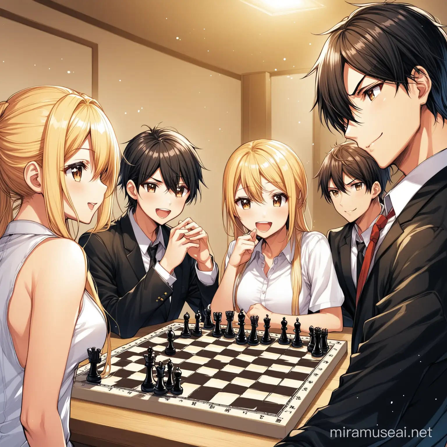 two girls and three boys play chess happy manga