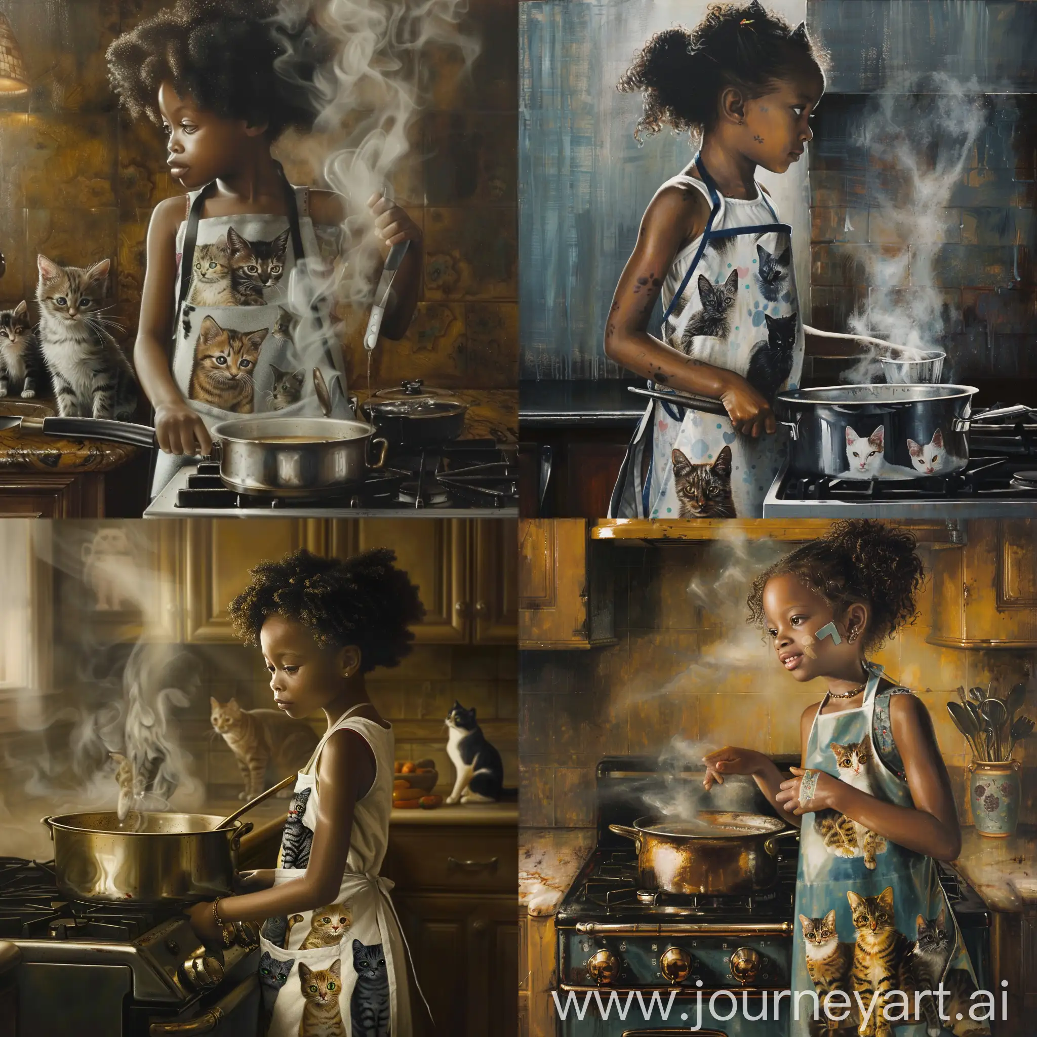 Чернокожая  девочка 10 лет стройная в фартуке, который разрисован котами, стоит у плиты на кухне, а в кастрюле что-то варится, едт пар