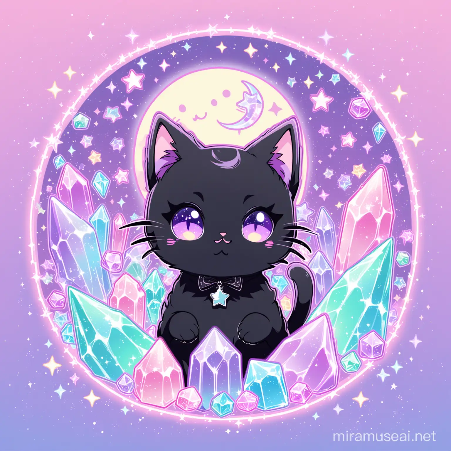 cat, cute , pastel background, cute goth, surrounded by crystals, aesthetic, pastel outline, stars , moon