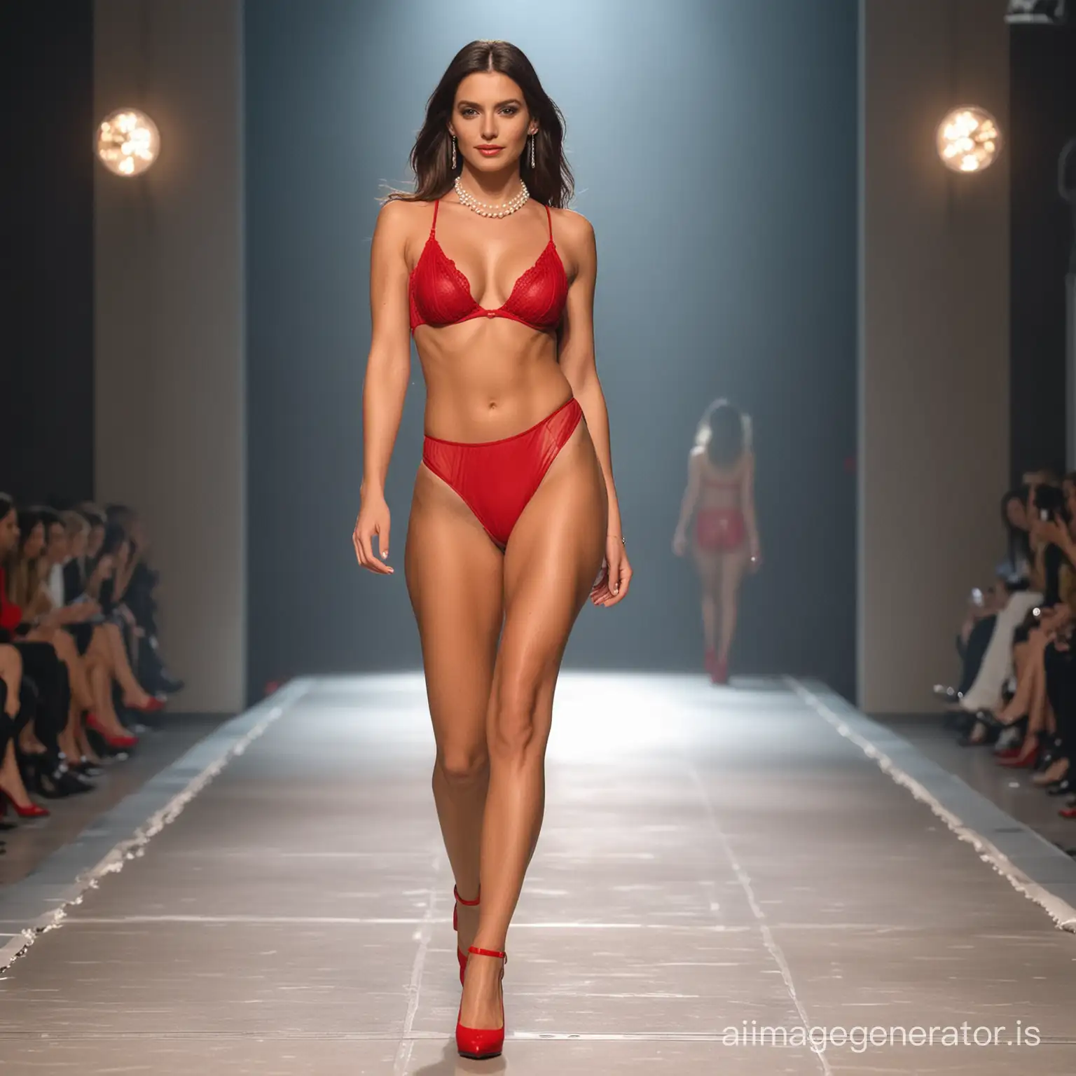 A super sexy Italian influencer model with a perfect full body, wearing red stiletto underwear and shoes, and a pearl necklace. She is strutting on a runway in Milan.
