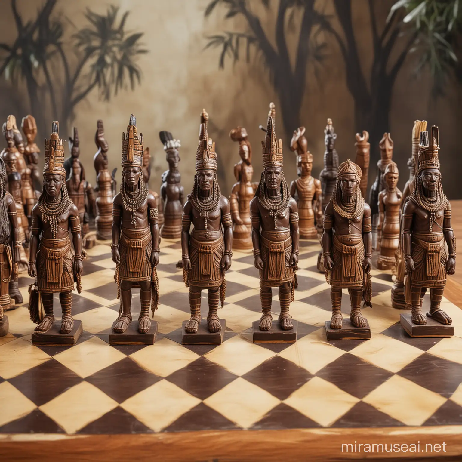 life sized statues of african tribes, dressed in tribe clothes as chess pieces, on a chess board, safari background