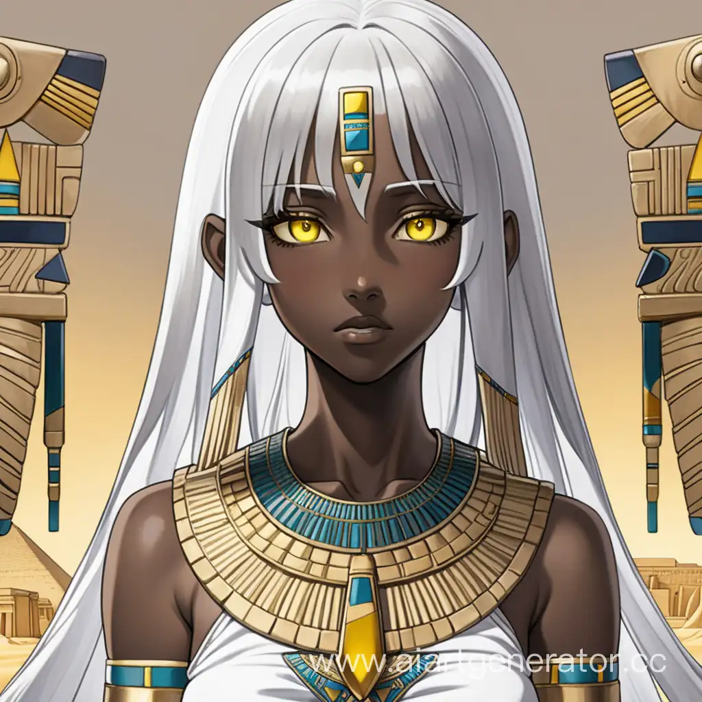 Девушка аниме с тёмной кожей белыми волосами до плеч. Глаза жёлтые. в одежде  древнего египта. по  пояс