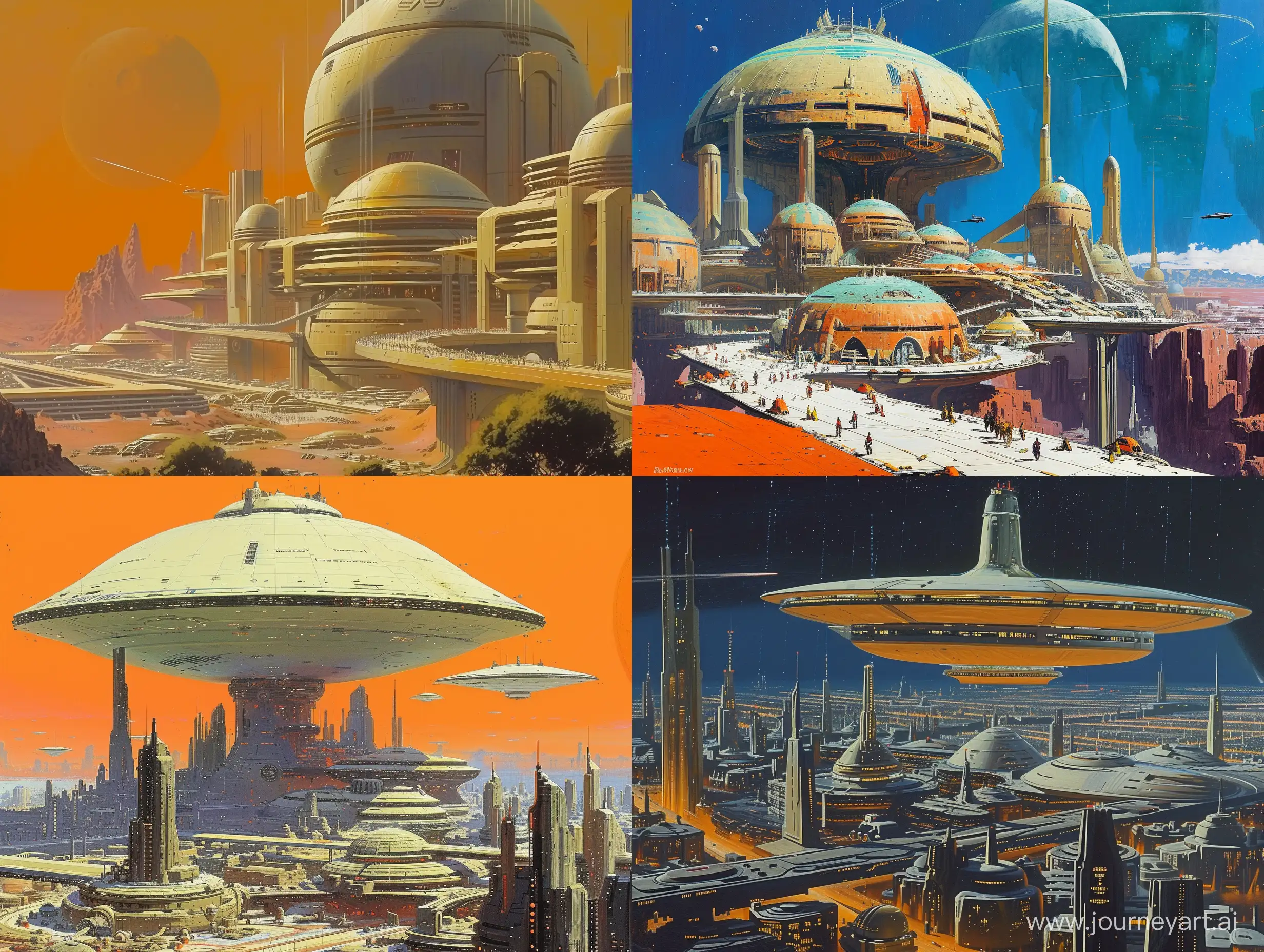 Concept art of an Ecumenopolis by Ralph McQuarrie. Retro Science Fiction Art. In color.  