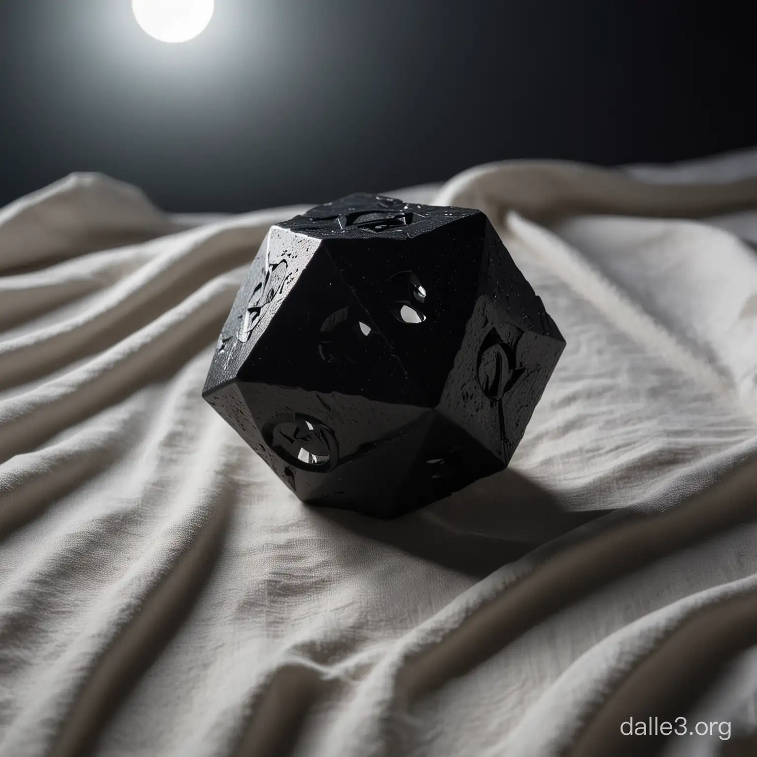 A Roman dodecahedron, made of a black stone, is placed on a piece of white fabric, lit by moonlight