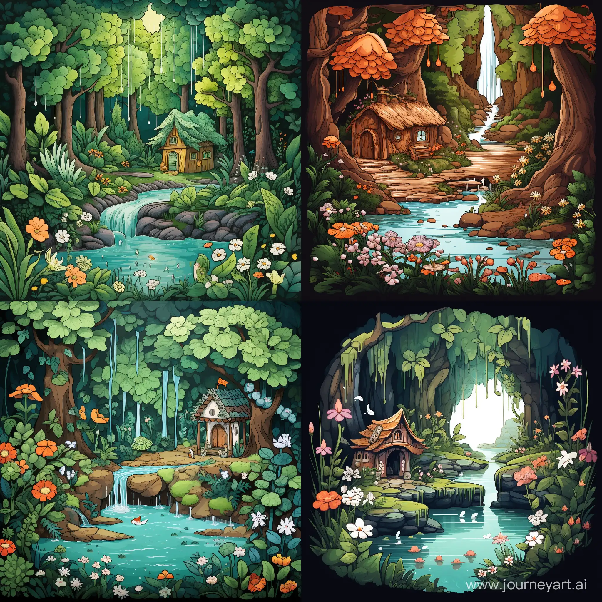 cute forest in the cave, beautiful, wild nature, some animals, little lake, rain drops, little wooden house with flowers and ivy, in marker style