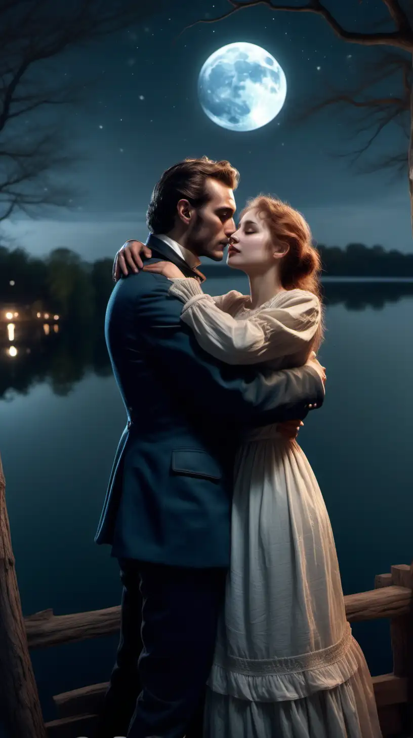 Romantic 19th Century Couple Embracing by Moonlit Lake HyperRealistic 8K Art