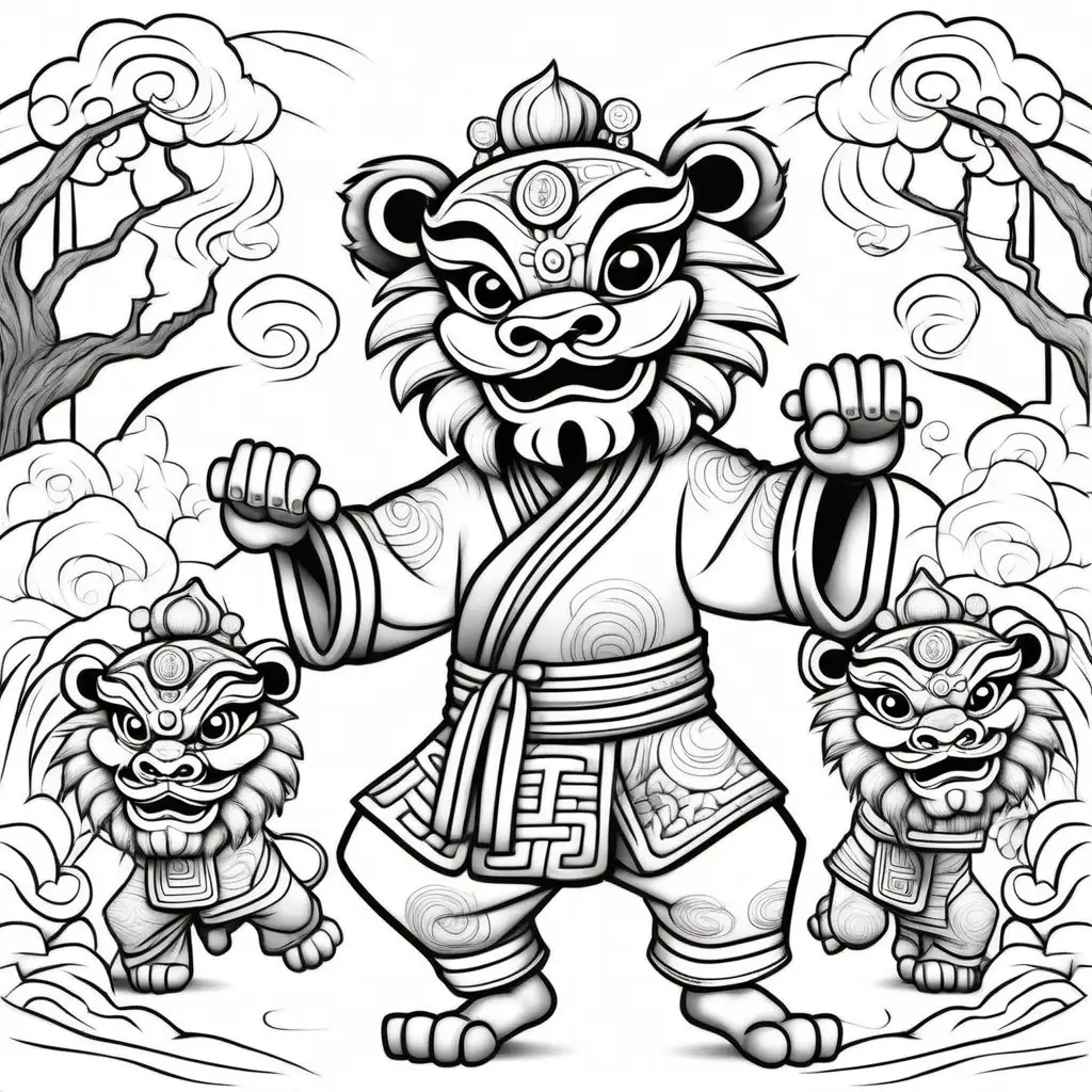 Coloring page for kids, low detail, no shading,  cartoon style, lunar new year, lion dance kids
