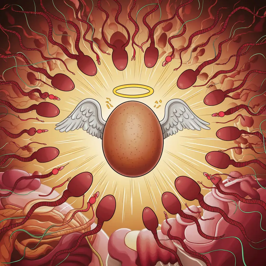 cartoon drawing of 
an army of sperm cells with devil horns and tails surrounding a human egg with angel wings and a halo 

