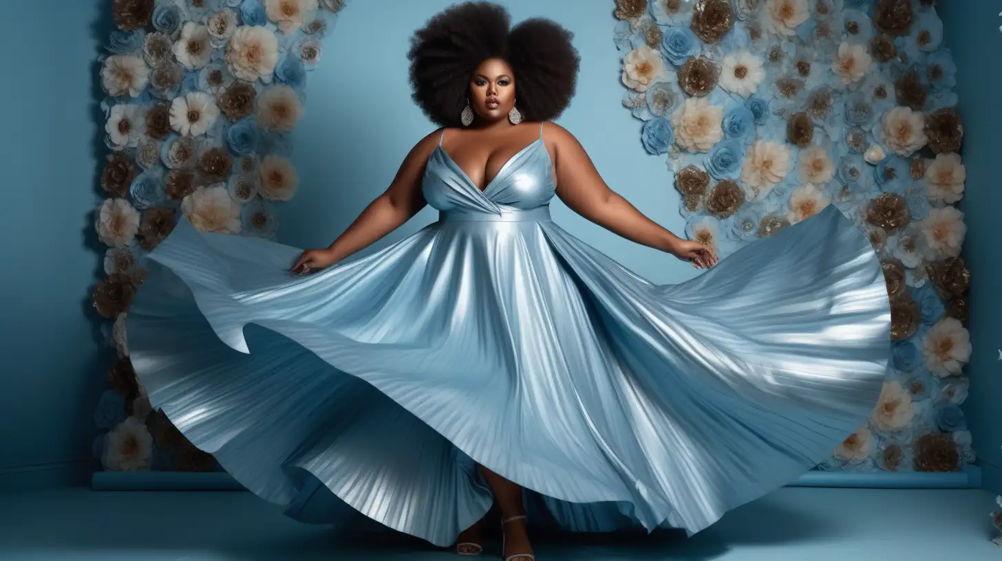 sexy, beautiful, romantic, stylish plus size model, black skin, big afro,  wearing a light blue matte metallic long gown with a full flared skirt, v-neck bodice, sleeveless, off the shoulders bodice, dancing, studio fashion photography, 3D floral background