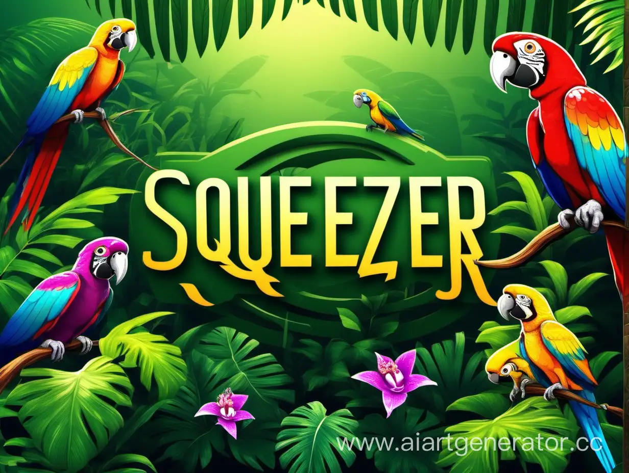 I think of a luscious jungle with opulent fauna and flora. Like colorful birds parrots and orchids. in the middle there is a bit of room to place a logo. Put "Sqeezer" as a logo in there. Make sure that the Background fills the full scene.
