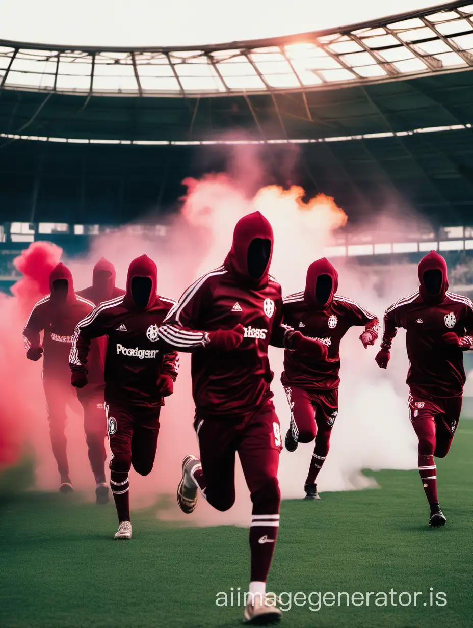 Hooligans with maroon clothes and horse heads, holding flares and run to the camera inside of a soccer stadium