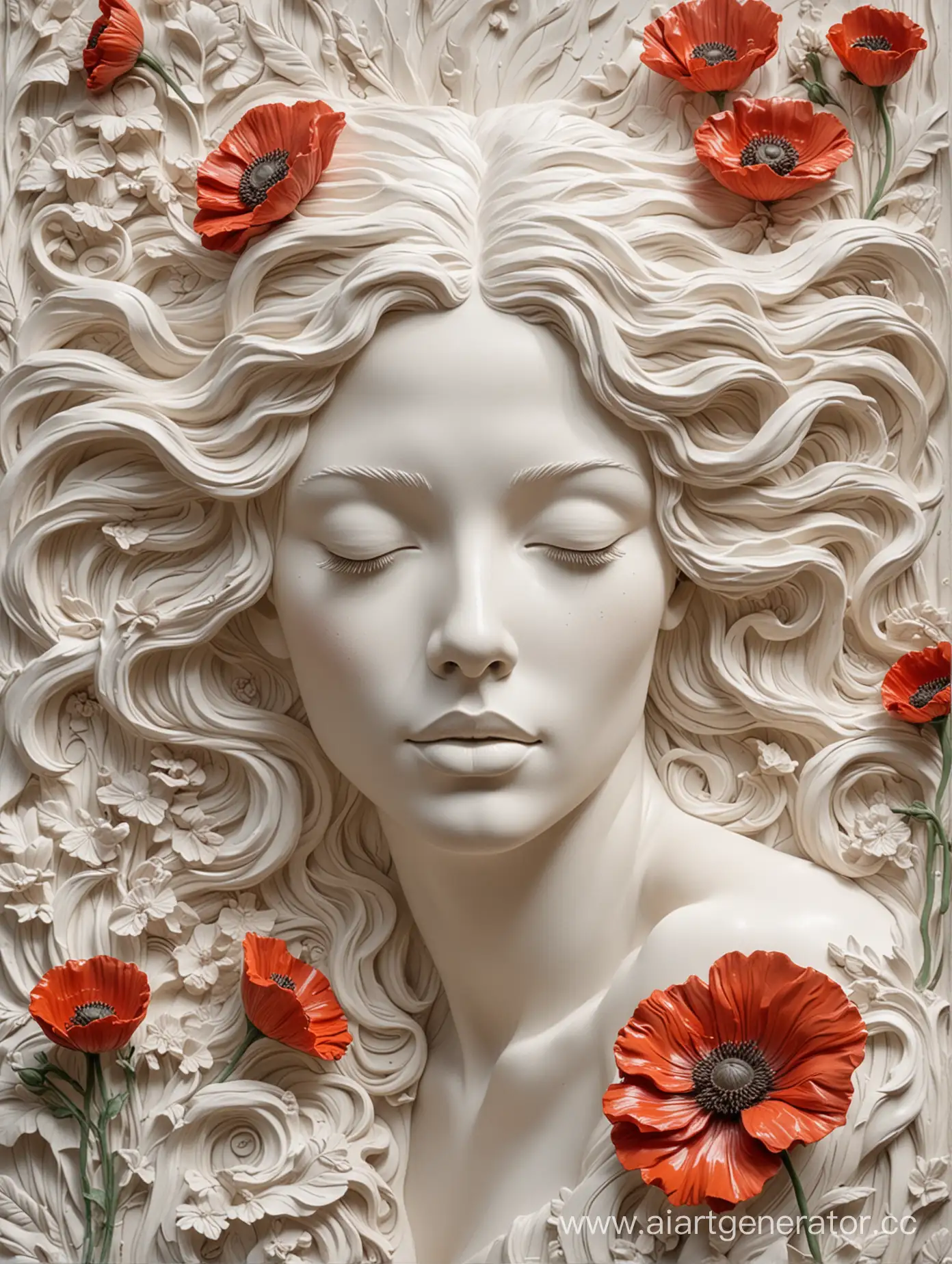 Serene-White-BasRelief-Sculpture-Young-Woman-Amidst-Poppy-Field