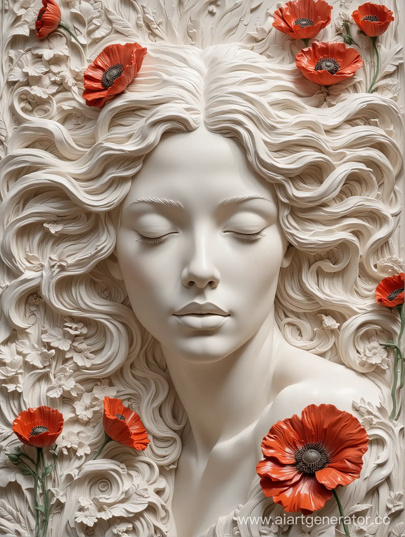 white basrelief huge sculpture of young woman with huge flowing hair on poppies closed eyes