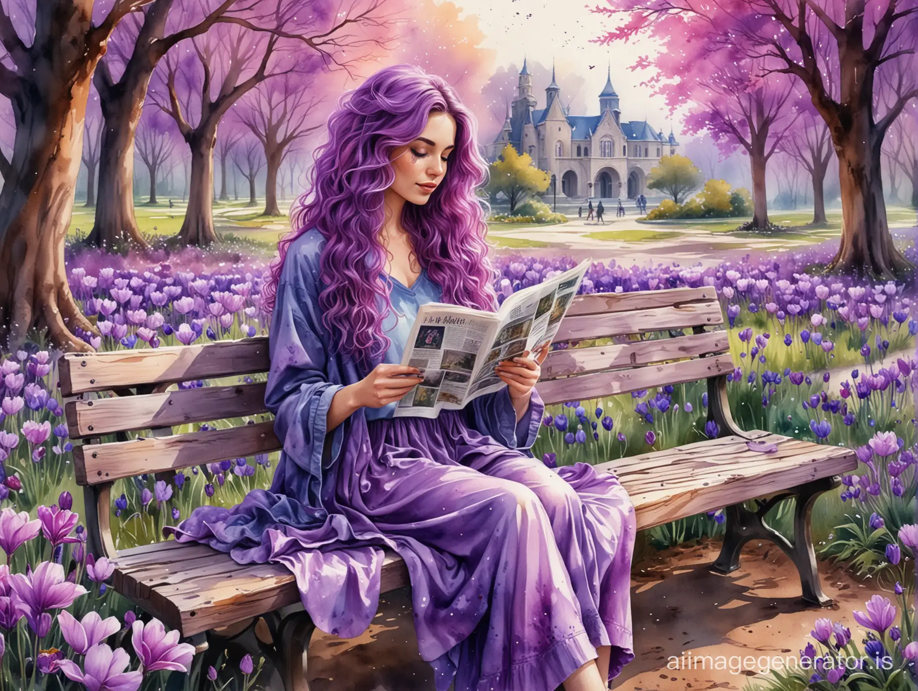 Tranquil-PurpleHaired-Woman-Relaxing-in-Enchanted-Park-Amidst-Blooming-Crocuses