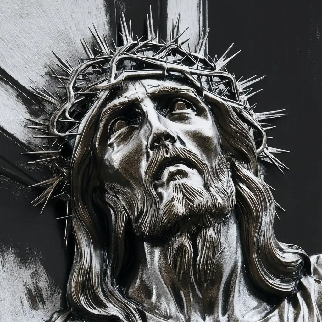 generate Face of Jesus looking upward weasring crown of thorns - for Laser engraving relief
