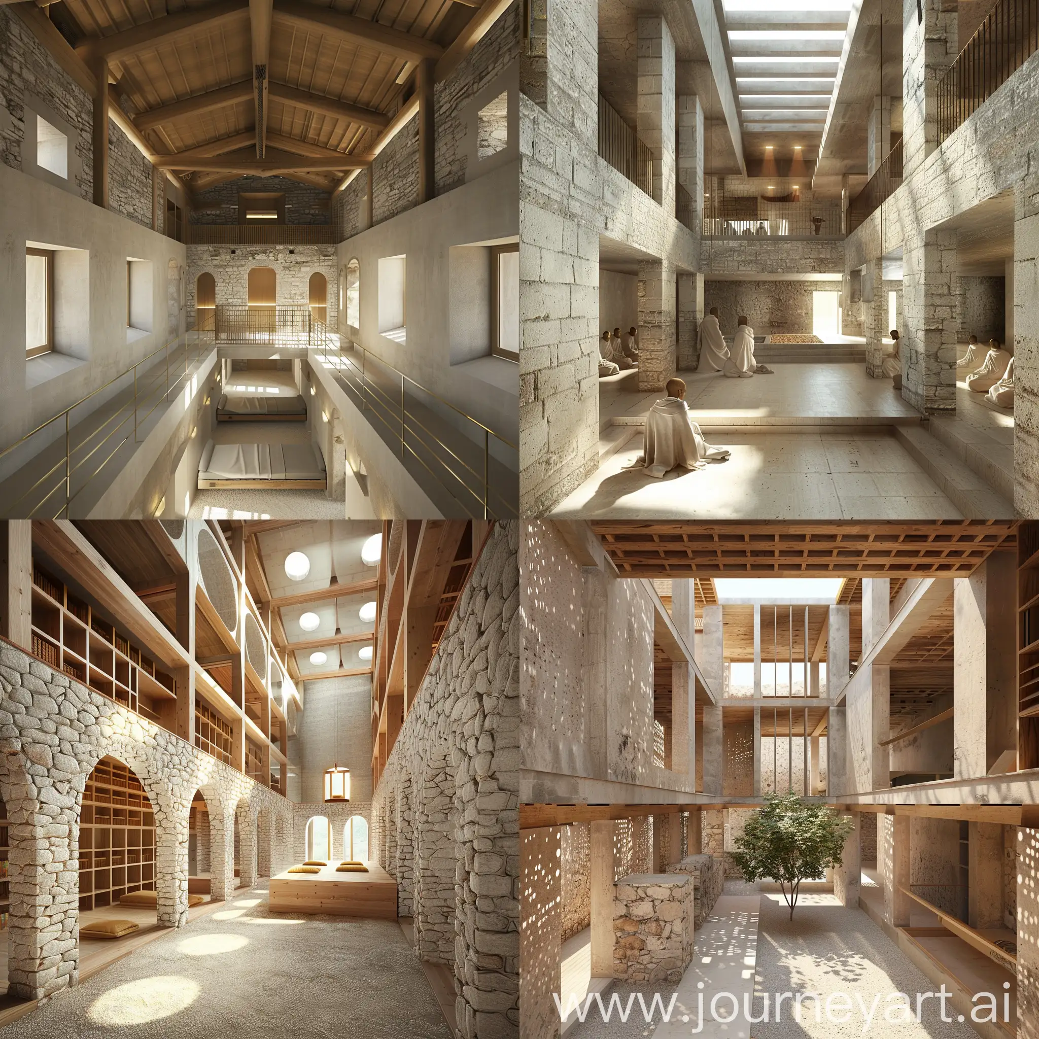 House of culture with cells for monks 2 floors. The building material is stone and wood. Lots of light openings. 