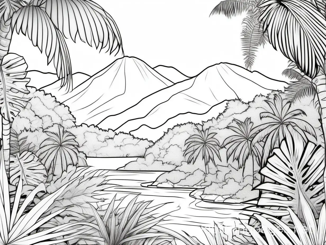 tropical rainforest, Coloring Page, black and white, line art, white background, Simplicity, Ample White Space. The background of the coloring page is plain white to make it easy for young children to color within the lines. The outlines of all the subjects are easy to distinguish, making it simple for kids to color without too much difficulty