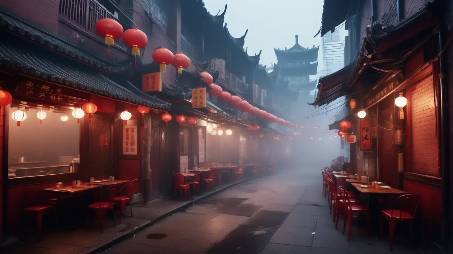 photo of a night time misty scene in back street restaurants districts of China town back in ultra realistic, HD, 8K real life
