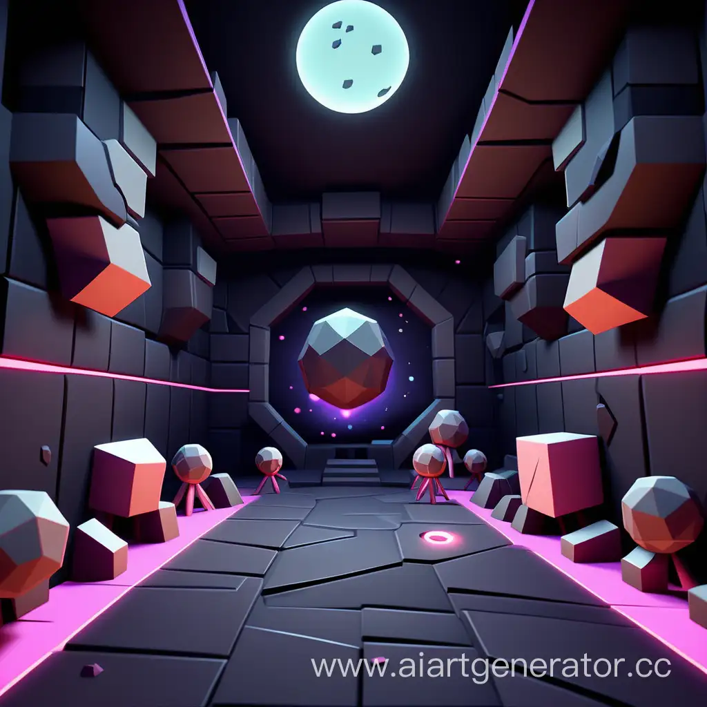 shooting game moment, 3D graphics, cartoon dark design, low poly, OPEN SPACE