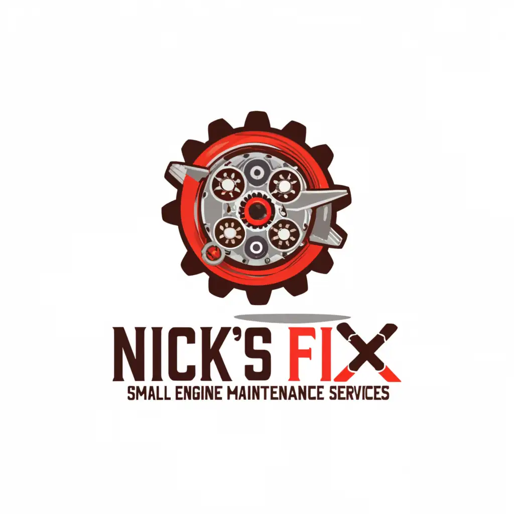 a logo design,with the text "Nick's Fix Small Engine Repair & Maintenance Services", main symbol:Engine,complex,be used in Automotive industry,clear background
