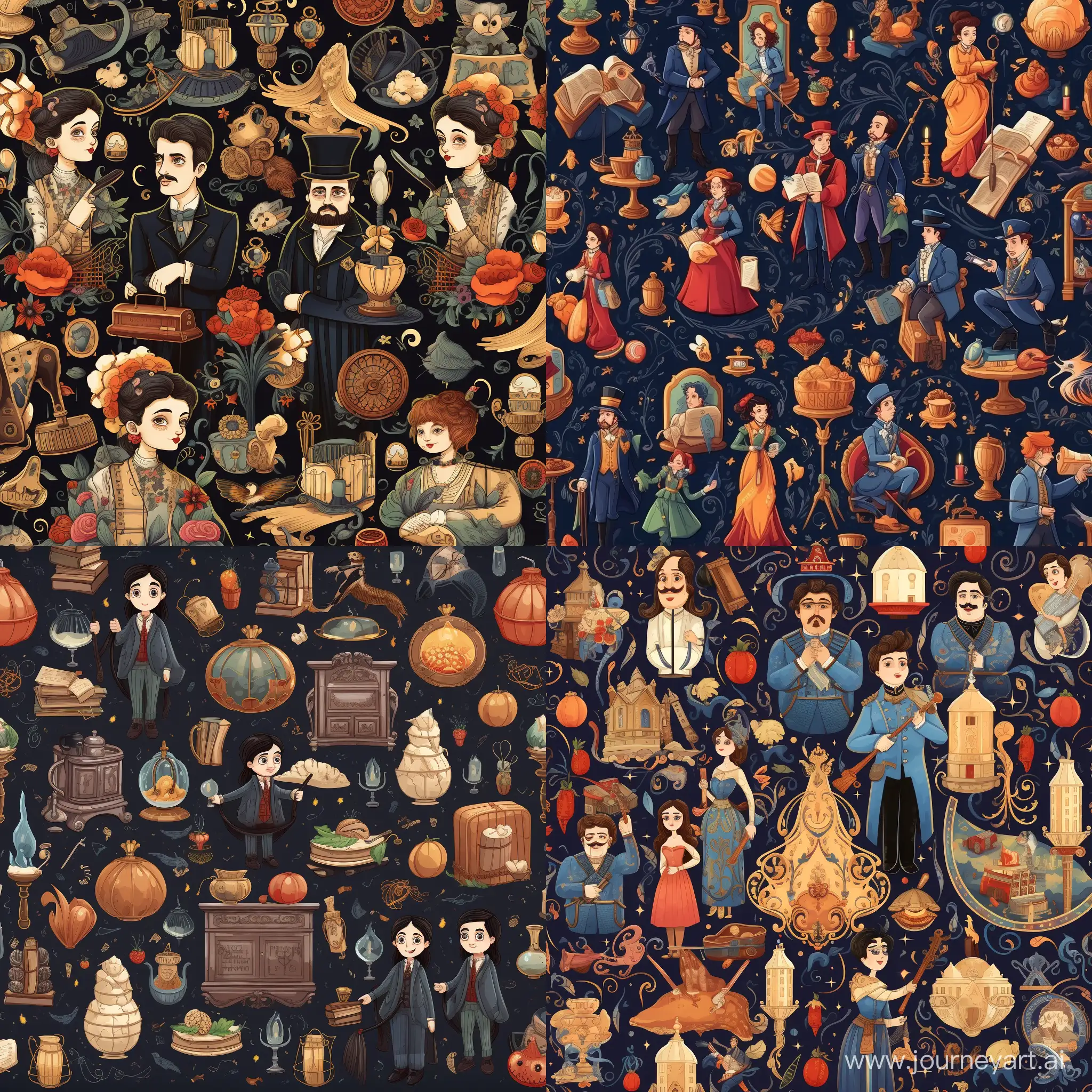 Pattern of Harry Potter movie characters, Victorian era, lots of detail, against a pattern of magical items, cartoon style, illustration 
