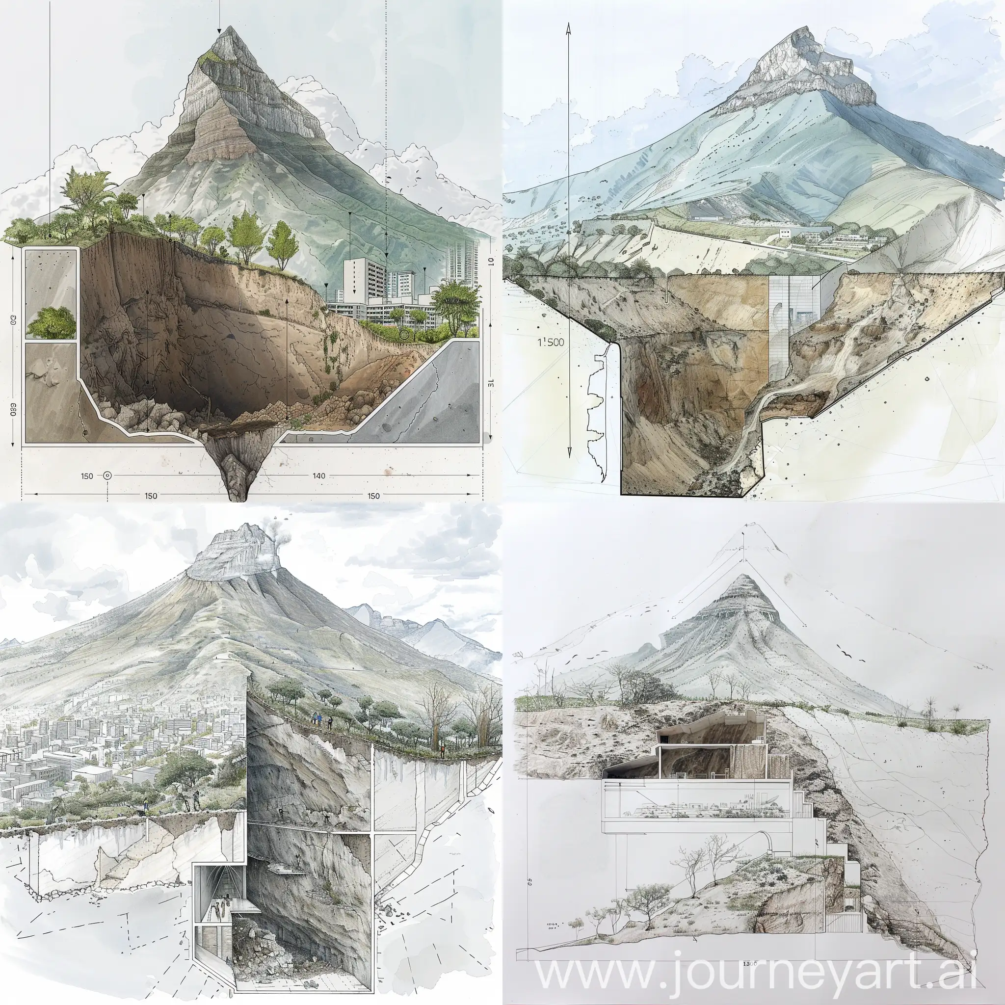 Draw a section 1:500 imagining cerro de la silla, monterrey, mexico, to overcome a hurricane and erosion over 10 years, imagining that there are no interventions done, so the mountain will be destroyed for at least 20 meters
