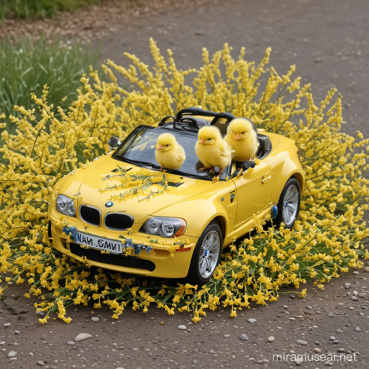 two Easter chicks in a BMW sports car around catkins and forsythia
