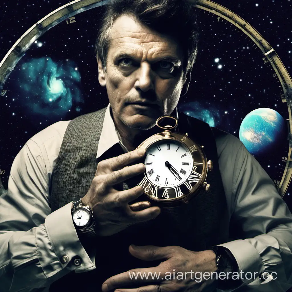 человек держит в руках часы, а вокруг космос
