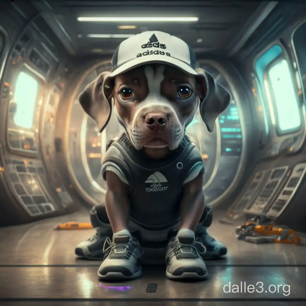 Disney pixar style , black dog pitbull, a little girl in Adidas sportswear looks into the camera, in a  Adidas sports cap,on a space station, headphones, girl sits , a liquid metal style, milky big eyes, ray tracing, raw character, 32k uhd, schlieren photography, conceptual portrait, wet on wet overlay